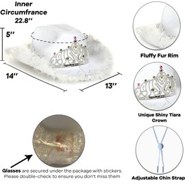 Funcredible White Cowboy Hat and Glasses - Preppy Cowgirl Hat with Tiara - Cowboy Hats with Feathers - Cowgirl Outfit Accessories for Women and Girls