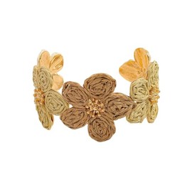 Boho Raffia Rattan Flower Cuff Bracelet Colorful Chunky Floral Tropical Wide Open Adjustable Straw Wrapped Bangle for Women Summer Beach Vacation Jewelry Beachy Accessory-E brown