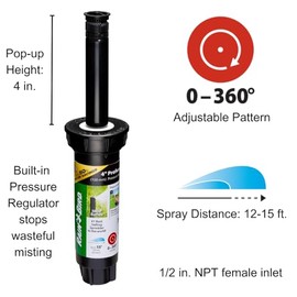 Rain Bird Rain Bird 1804HV15PR Pressure Regulating (PRS) High-Efficiency Professional Pop-Up Sprinkler, 0 - 360 Adjustable Pattern, 12' - 15' Spray Distance, 4" Pop-up Height