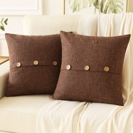 HAUSSY Brown Linen Decorative Throw Pillow Covers 20x20 Inch Set of 2,Square Cushion Case with 3 Vintage Buttons,Modern Farmhouse Home Decor for Couch,Bed