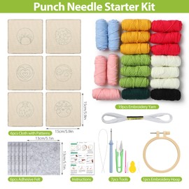 Longan Craft Punch Needle Coasters Kit 6 Pattern Embroidery Punch Needle Kits Adults Beginner Coasters Tufted Car DIY Rug Drink with Adhesive Felt Yarns Hoop Tools Starter Crafts