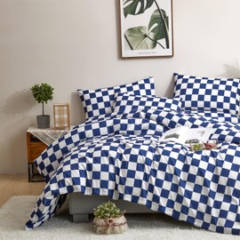 CLOTHKNOW Blue White Plaid Queen Comforter Set 3Pcs Grid Bedding Comforter Sets Checkerboard Comforter Royal Blue White Comforter with 2 x Pillow Cases