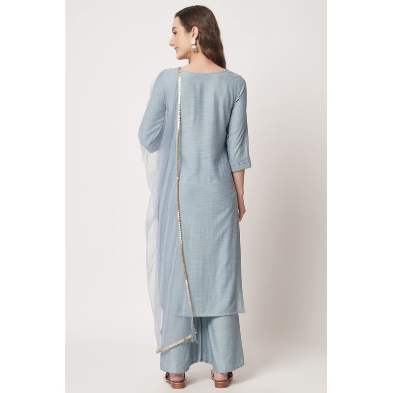 Shopping Queen Chikankari Kurta Palazzo Dupatta - Juego de seda