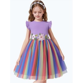 HILEELANG Little Girls Rainbow Tulle Tutu Easter Party Dress Purple Ruffle Sleeves Floral Waist Ribbed Cotton Birthday Princess Dresses 7 Years