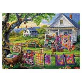 Colorful Quilts Puzzles for Adults 1000 Pieces, Cozy Grandma Garden Jigsaw Puzzles, Pretty Cat Flower Puzzles