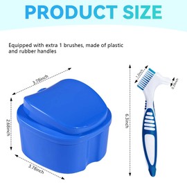KISEER Blue Denture Bath Case Cup Box Holder Storage Container with Denture Cleaner Brush Strainer Basket for Travel Cleaning