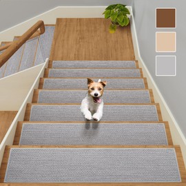 GROWLING Linen Stair Treads for Wooden Steps Indoor 30x8 inch, 15pcs Upgraded Self Adhesive Backing Non Slip Stair Carpets, Peel and Stick Stair Runner Rugs, Reusable Staircase Step Treads(Light Grey)