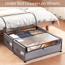FOUCSSOMEI Under Bed Storage with Wheels 2-Pack, XXXXL Size 90L, Rolling Under Bed Storage Containers with Lids, Lockable Wheels, Underbed Drawers for Clothes, Shoes, Blankets, Dorm Bedroom Organizer
