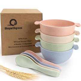 shopwithgreen Unbreakable Kids Bowls -Microwave Dishwasher Safe- Wheat Straw Snack Bowl Sets for Kids/Toddler/Children/Baby Feeding - 4 Bowls and 4 Spoons, Lightweight and Durable, 14 OZ