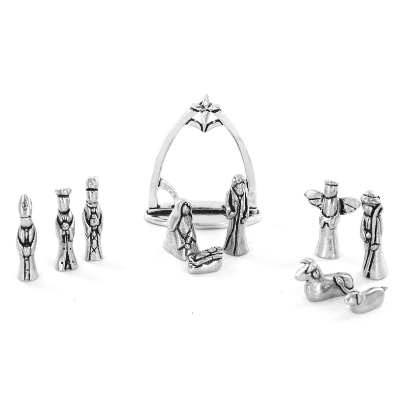 Nativity Set with Chreche Mini Pewter Figurine 11 Pc Set
