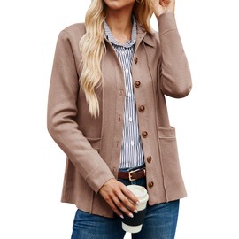 GRACE KARIN Women Long Sleeve Sweater Cardigan Formal Button Down Blazer Pockets Knit Jacket Reddish Brown M