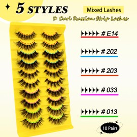 10 Pairs 5 Styles Mixed Clear Band Artificial Eyelashes Cat Eye 15 mm Fluffy Cat Eye Russian Volume Strip Lashes D Curly Wispy False Eyelashes Natural Look Eyelash Extensions (Mix)