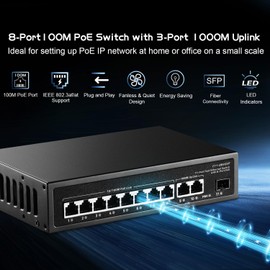 Binardat 11 Port POE Switch, 8 POE+ Ports 10/100Mbps, 2 Gigabit Uplink, 1 Gigabit SFP, IEEE802.3af/at, 135W Power Supply, Metal Case Unmanaged Plug and Play