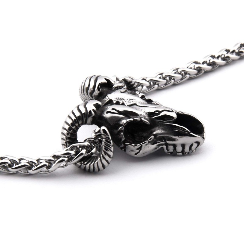 GUNGNEER Stainless Steel Ram Skull Pendant Necklace Cool Satanic Devil