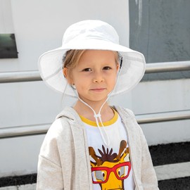 MK MATT KEELY Toddler Sun Hat Baby Cotton Bucket Hats Kids Summer UV Protective Foldable Cap for Boys Girls with Adjustable Chin Straps,White,Age 4-7 Years