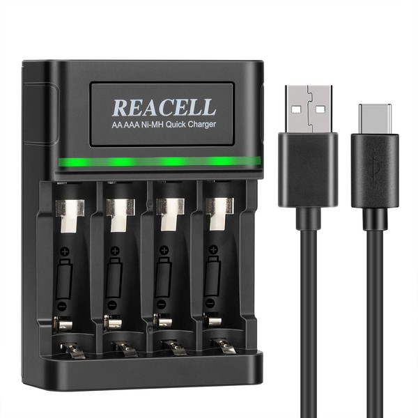 REACELL 4 Bay AA AAA Battery Charger for NiMH Rechargeable Batteries, 1-Hour Fast Battery Charger for AA AAA Rechargeable Batteries with 2 USB Input Port