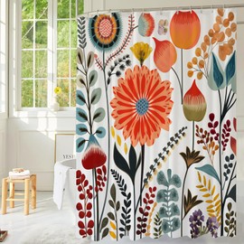 KAIRA Colorful Floral and Leaf Pattern Shower Curtain with Hooks, 72" W x 72" L, Waterproof and Durable Polyester Fabric, Easy to Clean, Quick-Drying Bathroom Decor