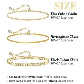 Hebterrka Gold Anklet for Women Waterproof Dainty 14K Gold Plated Anklet with Layered Cuban Link Chains, L