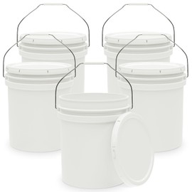 5-Gallon White Bucket Pail Container with Lid | Heavy-Duty 90MIL Extra Durable | Metal Handles with Plastic Grip for Easy Carrying | Multi-Use | Easy Stack and Store | BPA Free - 5 Pack