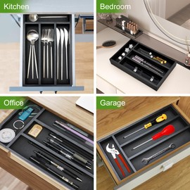 Ayiaren Small Wooden Silverware Organizer Tray Narrow Kitchen Drawer Dividers Utensil Organizers and Storage Black Cutlery Trays Spoon Flatware Organizer for Drawer Bamboo Cutlery Utensil Holder Tray