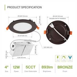 ASD 1 Pack LED Recessed Lighting 4 Inch 12W, 5 CCT 2700K-5000K CRI90+, IC Rated Ultra Thin Dimmable Ceiling Lights with J Box, Canless Wafer Downlight, Round Slim Panel, UL Listed, Oil-Rubbed Bronze
