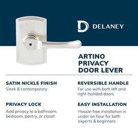 Delaney Callan Hardware Artino Privacy Door Handle, Fits Door 1-3/8 to 1-3/4 in. Thick, Satin Nickel – Reversible Left/Right-Handed Bed & Bathroom Push Button Door Lever – Easy to Install