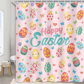MERCHR Easter Shower Curtain Easter Eggs Daisy Flower Spring Shower Curtains for Bathroom Pink Bathroom Curtains Spring Easter Decoration Set with Hooks Washable Fabric 71" x 71"