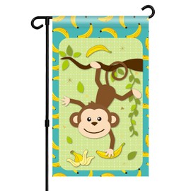 RoadSea Monkey Garden Flag - Animal Zoo Theme Party Door Sign - Welcome Yard Lawn Sign - Cute Monkey with Bananas Party Garden Indoor Outdoor Decoration Supplies - Double Sided 12" x 20"