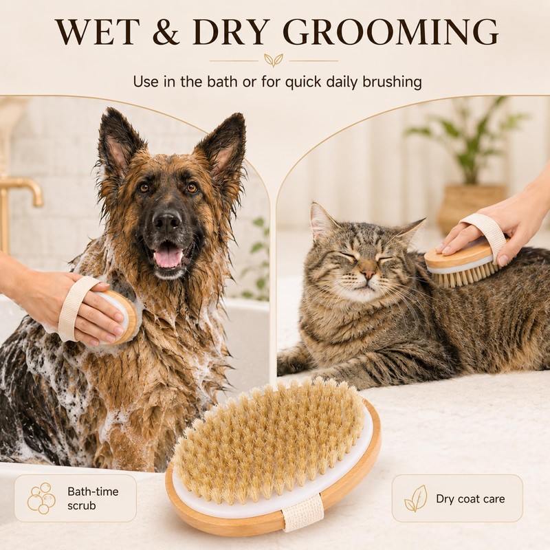 Bamboo Boar Bristle Pet Palm Brush, Wet and Dry Grooming,