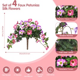 4Pcs Morning Glory Artificial Flowers for Outdoors with 120 Blooms, Faux Silk Flowers for Outside, UV Resistant Fake Petunias Plants for Hanging Baskets Fence Patio Balcony Garden Cemetery