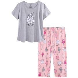 CHUNG Women Cotton Blend Pyjamas Set Short Sleeve Top Capri Pants Plus Size S-3XL Sleepwear Nighties,Capri Gray Sheep,L