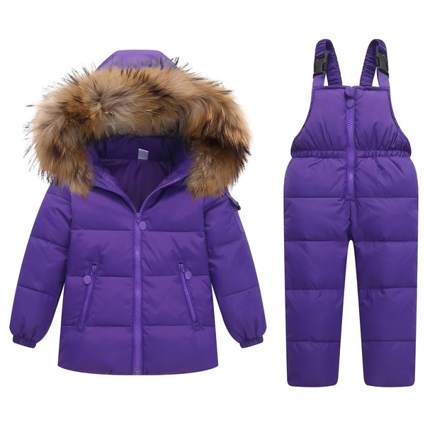 Children's Ski Suit with Jacket, Ski Pants and Down Jacket for Children, 2-Piece Hooded Down Jacket, Baby Girl Boy Jacket Winter Ski Set, Purple 18-24 Months