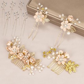 Floral Hair Comb Set for Women - 10PCS Pink Flowers Hairs Accessories & Gold Hair Pins for girls, Victorian Hair Clips for Wedding, Prom, Mother of Bride, Flower Girl (Rose Gold, Fake Flowers)