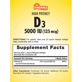 Sundance Vitamin D3 5,000 IU | 60 Quick Release Softgels | High Potency Essential Vitamin Supplement | Non-GMO and Gluten Free Supplement