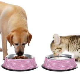 SAVORI Bling Dog Bowls Pink, 640ML Handmade Bling Rhinestones Stainless Steel Pet Bowls Double Food Water Feeder for Puppy Cats Dogs - Set of 2