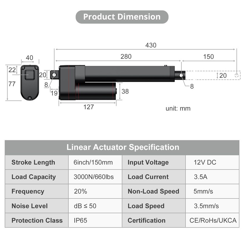Justech 12V Heavy-Duty Linear Actuator 660LBS/3000N-6inch/150mm Silent IP65 Electric Actuator