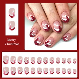 Christmas Press on Nails Short Fake Nails French Tip False Nails with Glitter Cute Christmas Hat Designs Xmas Glue on Nails Full Cover Acrylic Artificial Nails New Year Stick on Nails for Women 24Pcs