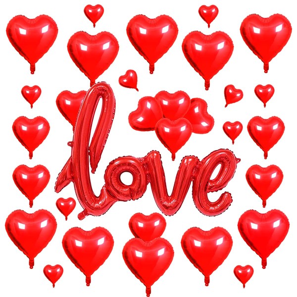 Red LOVE Balloons + 30Pcs Red Heart Balloons Foil 5" 10" 18", Valentines Day Balloons, Romantic Balloons for Romantic Decorations Special Night Happy Anniversary Proposal Valentines Day Decor