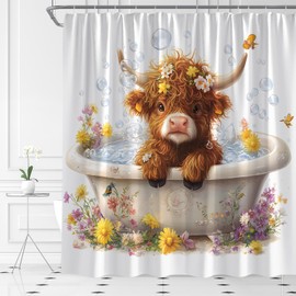YSATNSFT Funny Highland Cow Shower Curtain Cute Calf in Bathtub Western Cattle Bubble Rustic Animal Spring Floral Fabric Bathroom Decor Set with Hooks,(70" WX70 H)