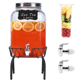 2 Gallon Glass Drink Dispensers for Parties, Sun Tea Glass Jar for Outside Beverage Dispenser with Lid, Fruit Infuser, 2 Press Type Spigots-Easy for kids, Beverage Dispensers-Mason Jar Drink Dispenser