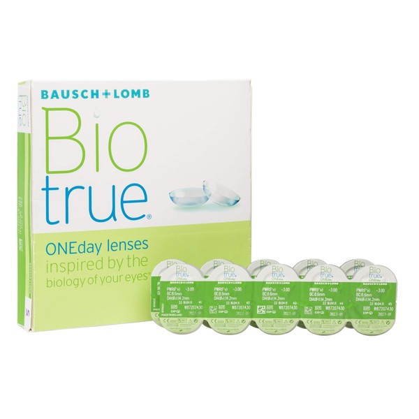 Biotrue, ONEday, clear, 90, BC 8.6 millimeters, DIA 14.2 millimeters, -0.75 diopters
