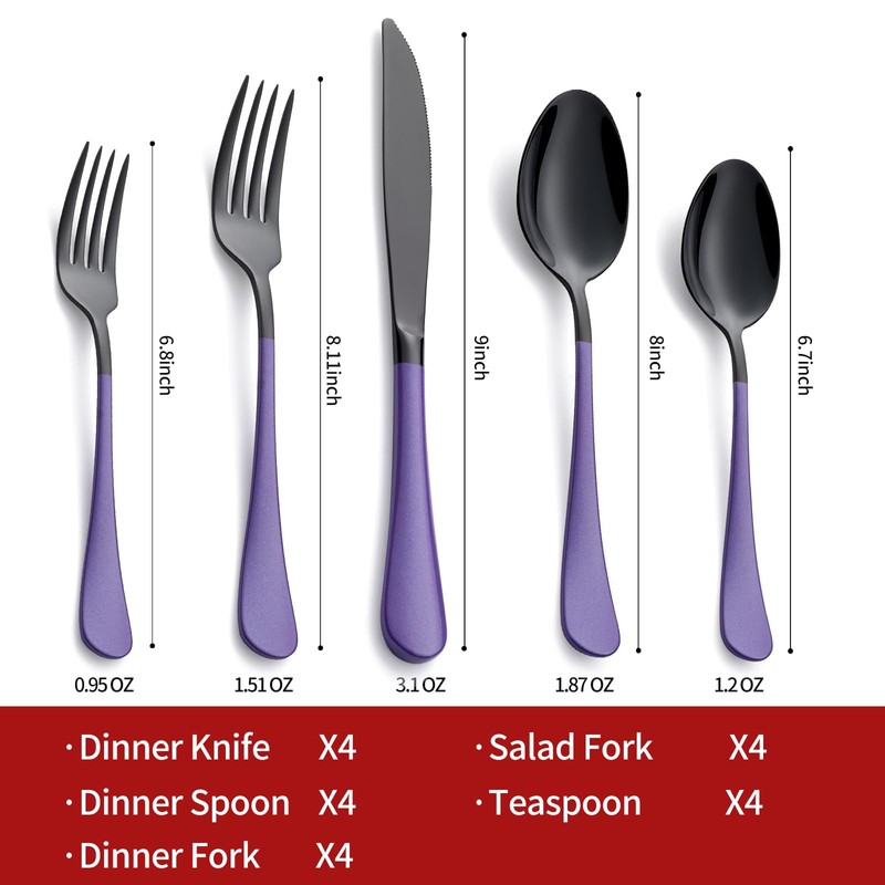 Onlycooker 20-Piece Black Silverware Set 18/0 Stainless Steel Flatware Purple