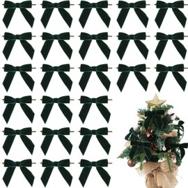 NUVCELKA 24 Pcs Green Velvet Christmas Bows for Christmas Tree & Wreath, 3.5"x3.5" Premium Nylon Ribbon Bows with Twist Wire Tie, Wrapping Wedding Decor