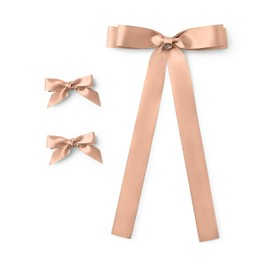 Satin Hair Bows Set of 3, 2 Mini Ribbon Bows and 1 Thick Ribbon Bow with Tails (Tan)