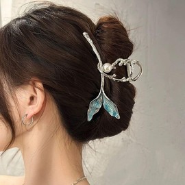 Summer Hair Clips for Women Large Clips for Hair Silver Mermaid Tail with Pearl Designs Hair Claws Blue Tails Claw Clips for Women Large Hair Claw Clip Hair Clip for Thin Hair