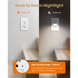 SURAIELEC 15AMP Outlet with Guidelight, Dusk to Dawn Night Light, 6000K Cool White LED Guide Light, Tamper Resistant Electrical Receptacle, ETL Listed, Screwless Wall Plate Included, White, 5 Pack