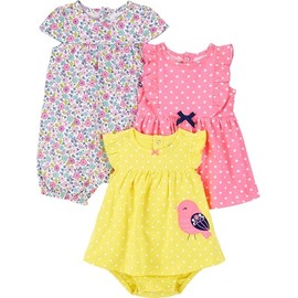 Simple Joys by Carter's Baby Girls' 3-Pack Romper, Sunsuit and Dress, Pink Dots/White Floral/Yellow Bird, 18 Months