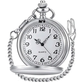 LYMFHCH - Reloj clásico de bolsillo de cuarzo clásico suave, con números arábigos para hombre y mujer, con cadena de Navidad, graduación, cumpleaños, día del padre, plateado, Plata lisa