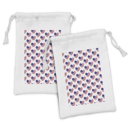Ambesonne 4th of July Fabric Pouch Set of 2, Pattern American Flags in the Heart Shape Love of Nation, Small Drawstring Bag for Toiletries Masks and Favors, 9" x 6", Red White and Navy Blue