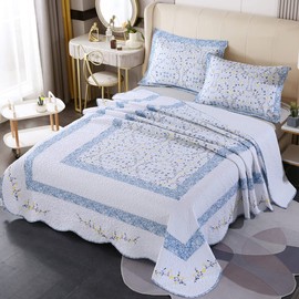 XSlive 3 Pieces Cotton Quilted Embroidered Bedspread Set Oversized Queen Lightweight Reversible Coverlet Comforter Soft Warm Floral Print 1 Quilt and 2 Pillow Shams (Floral,96"x110")